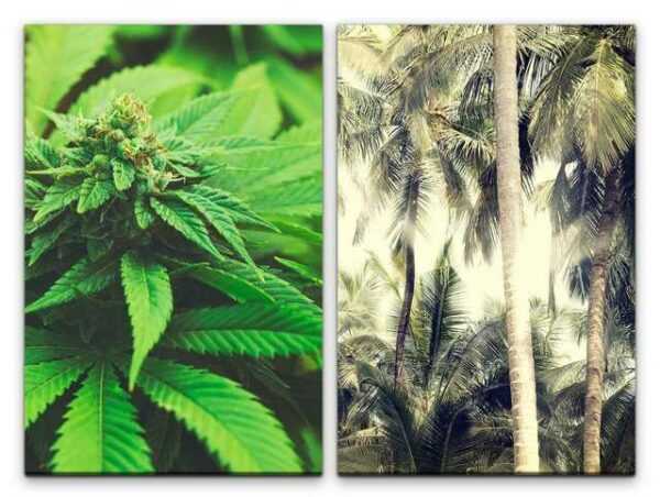Sinus Art Leinwandbild "2 Bilder je 60x90cm Hanf Cannabis Palmen Tropisch Chillen Relax Hanfpflanze"