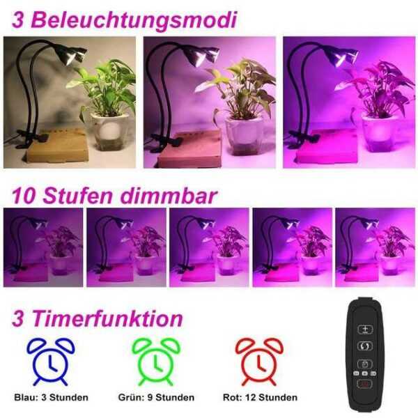 Rosnek Pflanzenlampe "LED Grow Light,Doppelkopf,Vollspektrum,Timer,Clip-On,USB", Doppelkopf-Pflanzenlicht