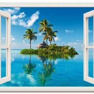 Artland Wandbild "Fensterblick Insel Palmen Meer", Fensterblick (1 St), in vielen Größen & Produktarten -Leinwandbild, Poster, Wandaufkleber / Wandtattoo auch für Badezimmer geeignet