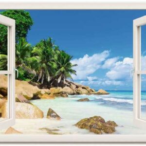 Artland Wandbild "Küste mit Palmen durchs Fenster", Karibikbilder (1 St), in vielen Größen & Produktarten - Alubild / Outdoorbild für den Außenbereich, Leinwandbild, Poster, Wandaufkleber / Wandtattoo auch für Badezimmer geeignet