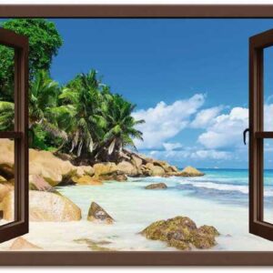 Artland Wandbild "Küste mit Palmen durchs Fenster", Karibikbilder (1 St), in vielen Größen & Produktarten - Alubild / Outdoorbild für den Außenbereich, Leinwandbild, Poster, Wandaufkleber / Wandtattoo auch für Badezimmer geeignet