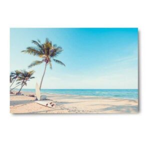 Bildfactory24 Leinwandbild "Meer mit Stand, Palmen und Surfbret 210"