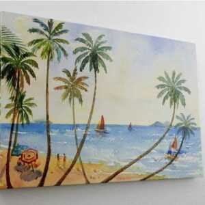 DesFoli Leinwandbild "Gemälde Strand Palmen Meer L2181"