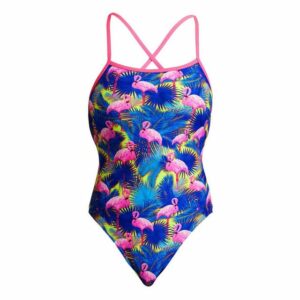 Funkita Badeanzug "Strapped In Mingo Magic" mit Flamingos und Palmen in kräftigen Farben