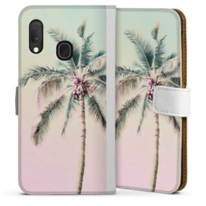 Galaxy A20e Handy Klapphülle Handyhülle aus Kunst Leder weiß Flip Case Palm Tree Pastel Tropical Sideflip mit Lasche