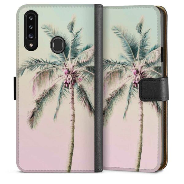 Galaxy A20s Handy Klapphülle Handyhülle aus Kunst Leder schwarz Flip Case Palm Tree Pastel Tropical Sideflip mit Lasche