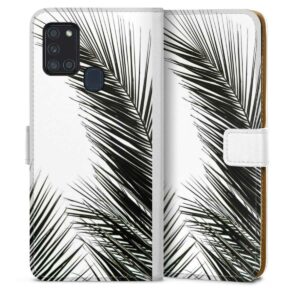Galaxy A21s Handy Klapphülle Handyhülle aus Kunst Leder weiß Flip Case Jungle Palm Tree Leaves Sideflip mit Lasche