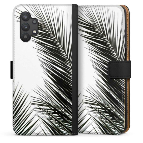 Galaxy A32 5G Handy Klapphülle Handyhülle aus Kunst Leder schwarz Flip Case Jungle Palm Tree Leaves Sideflip mit Lasche