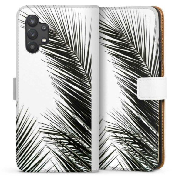 Galaxy A32 5G Handy Klapphülle Handyhülle aus Kunst Leder weiß Flip Case Jungle Palm Tree Leaves Sideflip mit Lasche