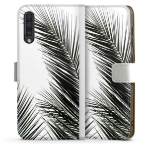 Galaxy A50 Handy Klapphülle Handyhülle aus Kunst Leder weiß Flip Case Jungle Palm Tree Leaves Sideflip mit Lasche