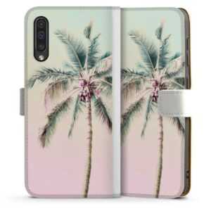 Galaxy A50 Handy Klapphülle Handyhülle aus Kunst Leder weiß Flip Case Palm Tree Pastel Tropical Sideflip mit Lasche
