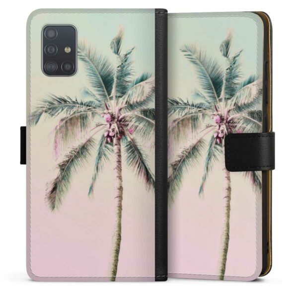 Galaxy A51 Handy Klapphülle Handyhülle aus Kunst Leder schwarz Flip Case Palm Tree Pastel Tropical Sideflip mit Lasche