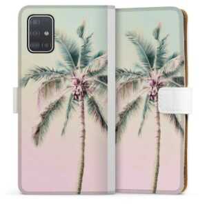 Galaxy A51 Handy Klapphülle Handyhülle aus Kunst Leder weiß Flip Case Palm Tree Pastel Tropical Sideflip mit Lasche