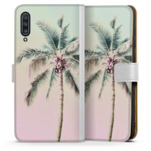Galaxy A70 Handy Klapphülle Handyhülle aus Kunst Leder weiß Flip Case Palm Tree Pastel Tropical Sideflip mit Lasche
