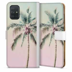 Galaxy A71 Handy Klapphülle Handyhülle aus Kunst Leder weiß Flip Case Palm Tree Pastel Tropical Sideflip mit Lasche