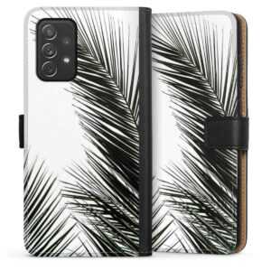 Galaxy A72 Handy Klapphülle Handyhülle aus Kunst Leder schwarz Flip Case Jungle Palm Tree Leaves Sideflip mit Lasche