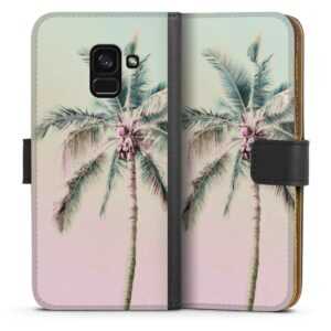 Galaxy A8 (2018) Handy Klapphülle Handyhülle aus Kunst Leder schwarz Flip Case Palm Tree Pastel Tropical Sideflip mit Lasche