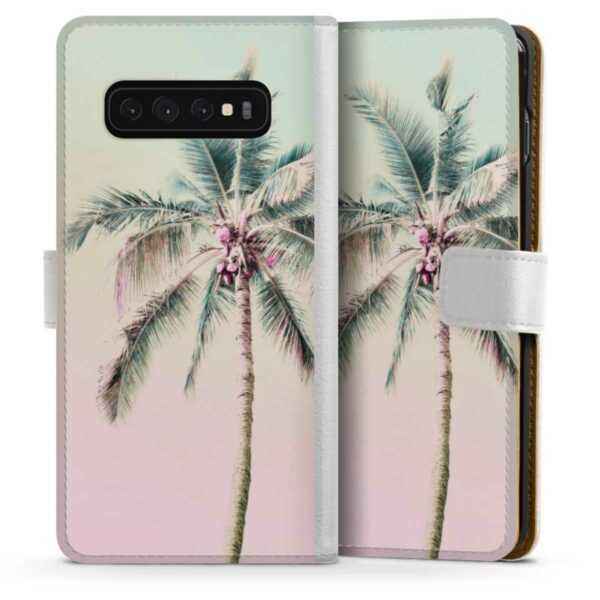 Galaxy S10 Handy Klapphülle Handyhülle aus Kunst Leder weiß Flip Case Palm Tree Pastel Tropical Sideflip mit Lasche