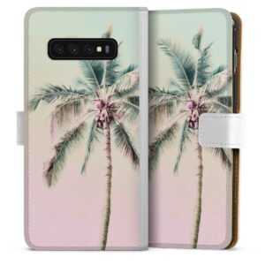 Galaxy S10 Plus Handy Klapphülle Handyhülle aus Kunst Leder weiß Flip Case Palm Tree Pastel Tropical Sideflip mit Lasche