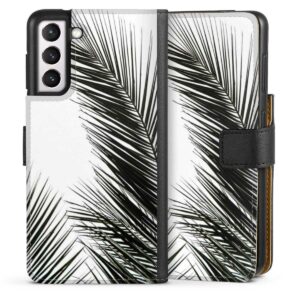 Galaxy S21 5G Handy Klapphülle Handyhülle aus Kunst Leder schwarz Flip Case Jungle Palm Tree Leaves Sideflip mit Lasche