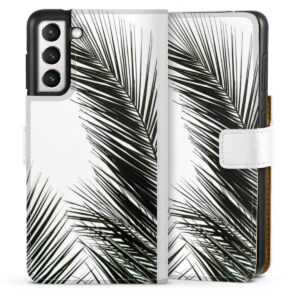 Galaxy S21 5G Handy Klapphülle Handyhülle aus Kunst Leder weiß Flip Case Jungle Palm Tree Leaves Sideflip mit Lasche
