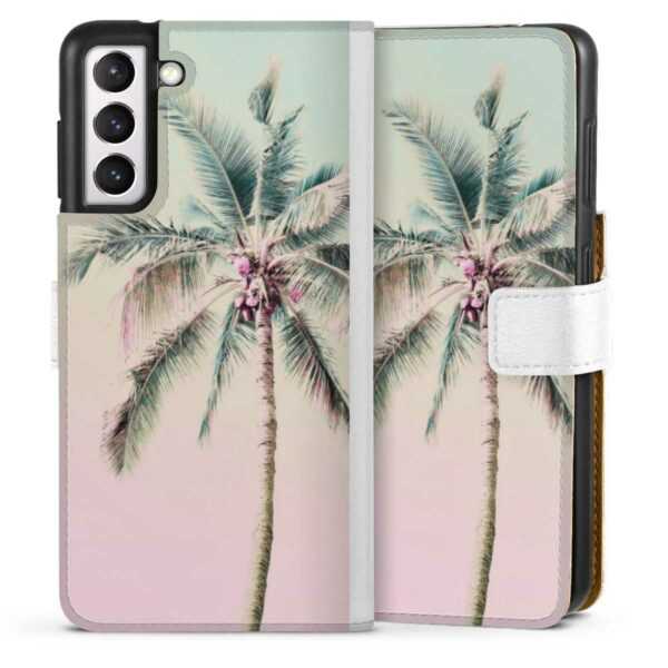Galaxy S21 5G Handy Klapphülle Handyhülle aus Kunst Leder weiß Flip Case Palm Tree Pastel Tropical Sideflip mit Lasche