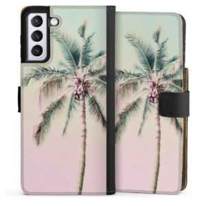 Galaxy S21 Plus 5G Handy Klapphülle Handyhülle aus Kunst Leder schwarz Flip Case Palm Tree Pastel Tropical Sideflip mit Lasche
