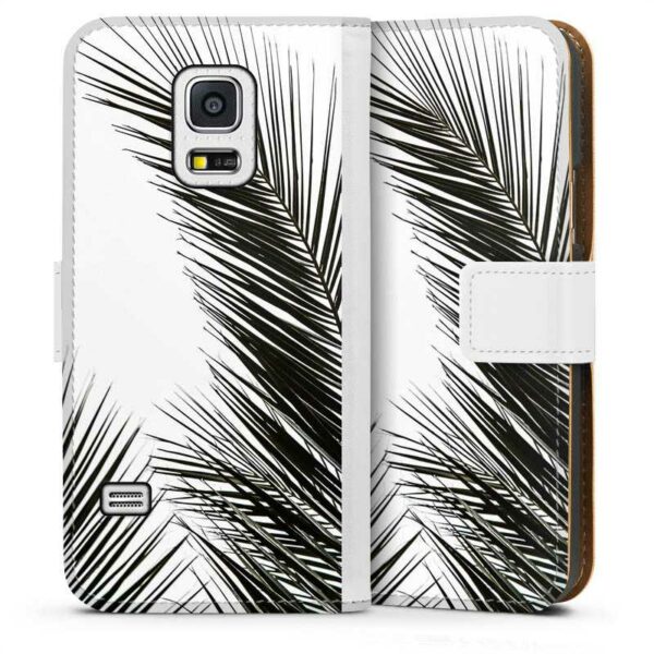 Galaxy S5 mini Handy Klapphülle Handyhülle aus Kunst Leder weiß Flip Case Jungle Palm Tree Leaves Sideflip mit Lasche