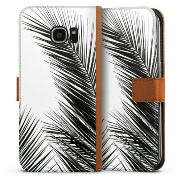 Galaxy S7 Edge Handy Klapphülle Handyhülle aus Kunst Leder karamell Flip Case Jungle Palm Tree Leaves Sideflip mit Lasche