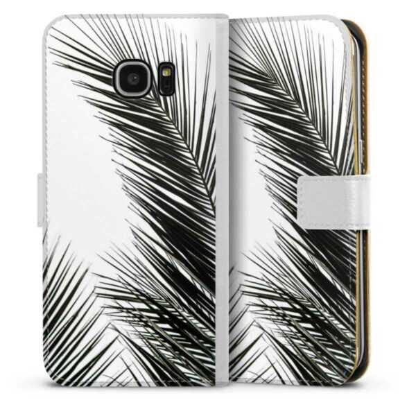 Galaxy S7 Edge Handy Klapphülle Handyhülle aus Kunst Leder weiß Flip Case Leaves Palm Tree Jungle Sideflip mit Lasche