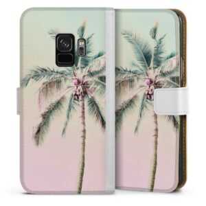 Galaxy S9 Handy Klapphülle Handyhülle aus Kunst Leder weiß Flip Case Palm Tree Pastel Tropical Sideflip mit Lasche