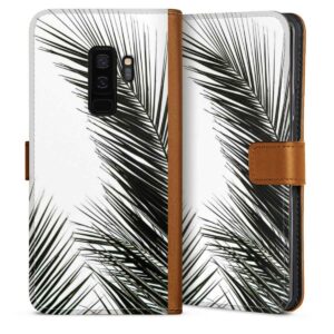 Galaxy S9 Plus Handy Klapphülle Handyhülle aus Kunst Leder karamell Flip Case Leaves Palm Tree Jungle Sideflip mit Lasche
