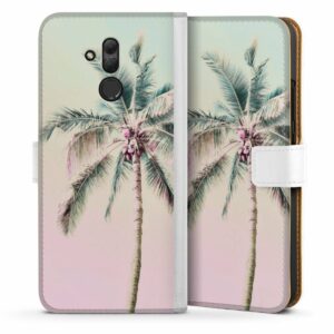 Huawei Mate 20 Lite Handy Klapphülle Handyhülle aus Kunst Leder weiß Flip Case Palm Tree Pastel Tropical Sideflip mit Lasche