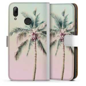 Huawei P Smart (2019) Handy Klapphülle Handyhülle aus Kunst Leder weiß Flip Case Palm Tree Pastel Tropical Sideflip mit Lasche