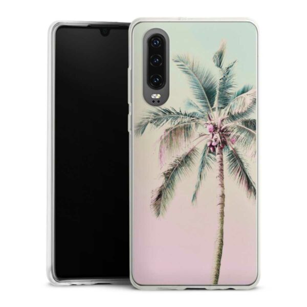 Huawei P30 Handy Slim Case extra dünn Silikon Handyhülle transparent Hülle Palm Tree Pastel Tropical Silikon Slim Case