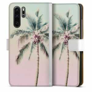 Huawei P30 Pro Handy Klapphülle Handyhülle aus Kunst Leder weiß Flip Case Palm Tree Pastel Tropical Sideflip mit Lasche