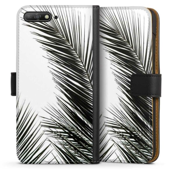 Huawei Y6 (2018) Handy Klapphülle Handyhülle aus Kunst Leder schwarz Flip Case Leaves Palm Tree Jungle Sideflip mit Lasche