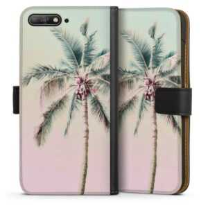 Huawei Y6 (2018) Handy Klapphülle Handyhülle aus Kunst Leder schwarz Flip Case Palm Tree Pastel Tropical Sideflip mit Lasche