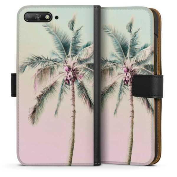 Huawei Y6 (2018) Handy Klapphülle Handyhülle aus Kunst Leder schwarz Flip Case Palm Tree Pastel Tropical Sideflip mit Lasche