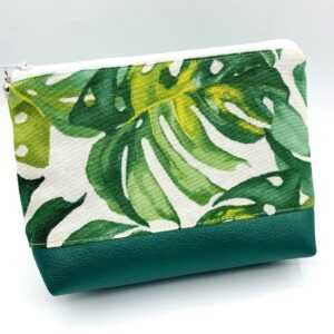 Monstera Palmen Blätter Kosmetiktasche Medium Mit Kunstleder Grün Weiß Canvas