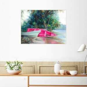Posterlounge Wandbild, Pinkfarbenes Boot unter Palmen