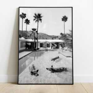 Schweine Im Pool Poster, Palm Springs Druck, Schwarzweiß Fotografie, Mid Century Modern, Retro Kunst, Vintage Design