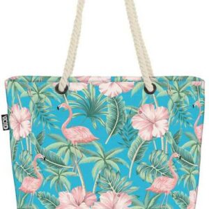 VOID Strandtasche (1-tlg), Tropen Flamingos Palmen Beach Bag Hawaii Hibiskus Vögel Floral Blumen-Muster