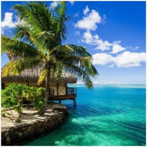 Wallario Glasbild, Karibisches Meer - Einsame Hütte unter Palmen, in verschiedenen Ausführungen