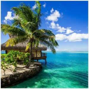 Wallario Glasbild, Karibisches Meer - Einsame Hütte unter Palmen, in verschiedenen Ausführungen
