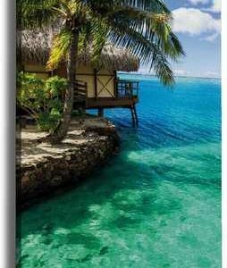Wallario Leinwandbild, Karibisches Meer - Einsame Hütte unter Palmen, in verschiedenen Ausführungen