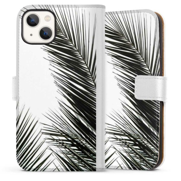 iPhone 13 Handy Klapphülle Handyhülle aus Kunst Leder weiß Flip Case Jungle Palm Tree Leaves Sideflip mit Lasche