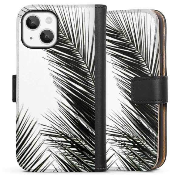 iPhone 13 Mini Handy Klapphülle Handyhülle aus Kunst Leder schwarz Flip Case Jungle Palm Tree Leaves Sideflip mit Lasche