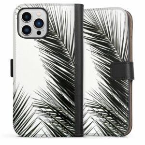 iPhone 13 Pro Max Handy Klapphülle Handyhülle aus Kunst Leder schwarz Flip Case Jungle Palm Tree Leaves Sideflip mit Lasche