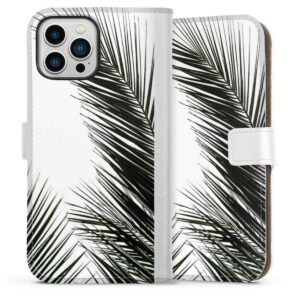 iPhone 13 Pro Max Handy Klapphülle Handyhülle aus Kunst Leder weiß Flip Case Jungle Palm Tree Leaves Sideflip mit Lasche
